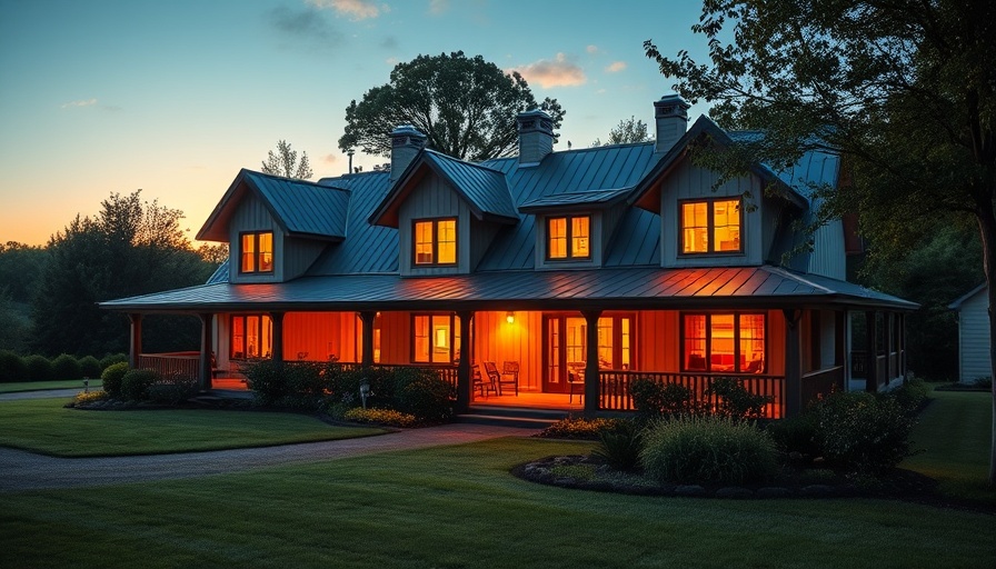 Modern farmhouse in exurbs vs suburbs setting at sunset.
