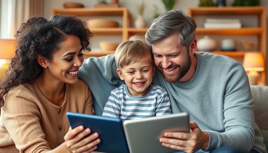 Young family enjoying tablet time in cozy living room, costs of raising a child.