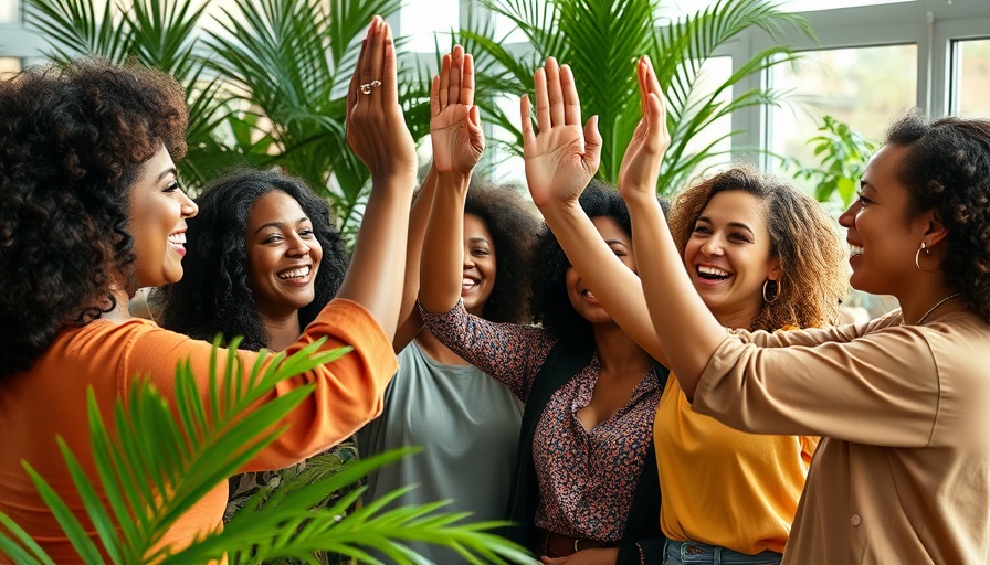 Diverse women high-five celebrating business success indoors.