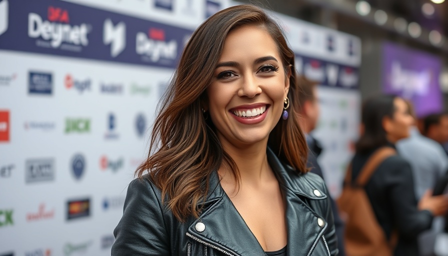 Smiling woman in a black leather jacket at a public event.