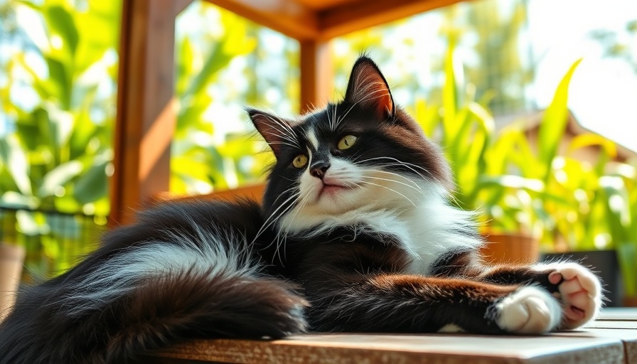 Indoor cat enjoying a catio with sunlight and greenery.
