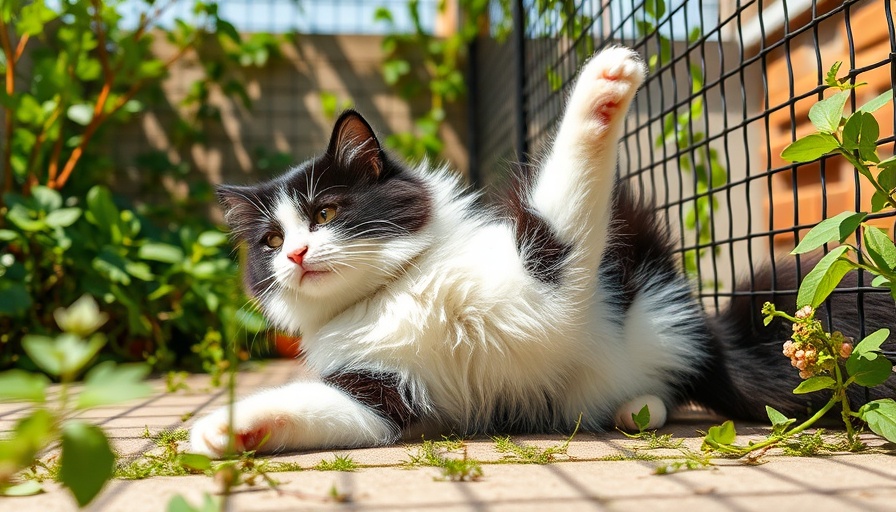 Black and white cat stretching in a sunlit catio.