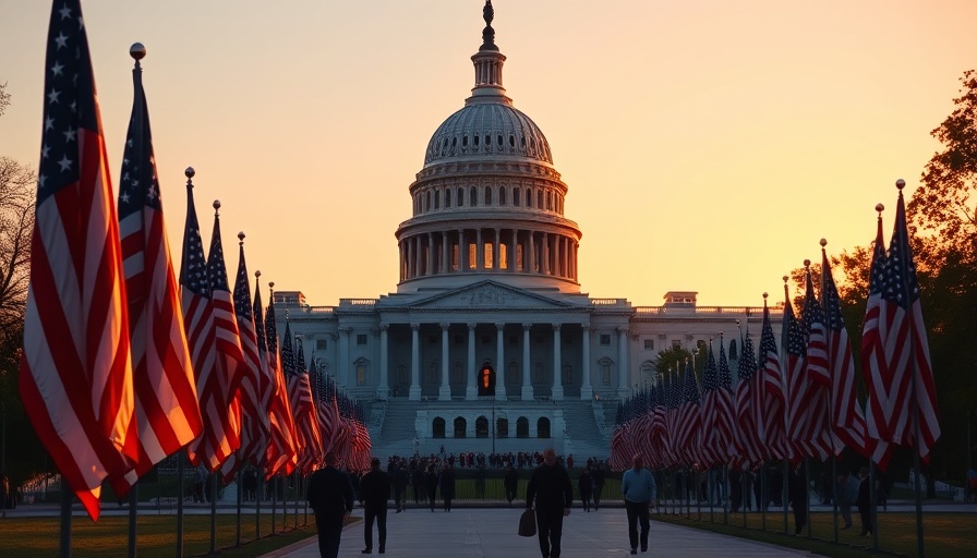The US Capitol at sunset with flags, symbolizing debt discussions.