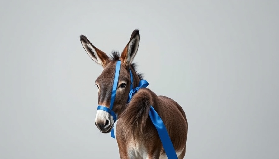 Artistic donkey with blue ribbon symbolizing Democrats.