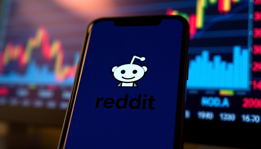 Reddit logo on smartphone with stock charts backdrop suggesting financial/legal context.