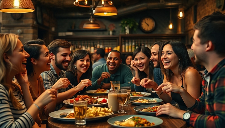 Lively dining scene with friends sharing meals in a cozy restaurant.