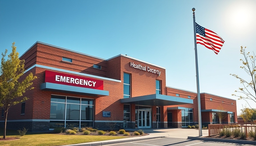 Modern healthcare facility with emergency sign symbolizing ransomware healthcare attack.