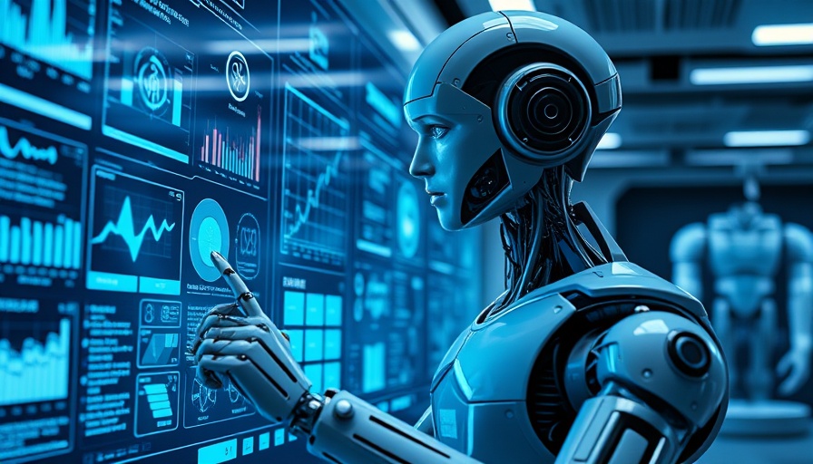 Humanoid robot using futuristic transparent screens for data analysis.