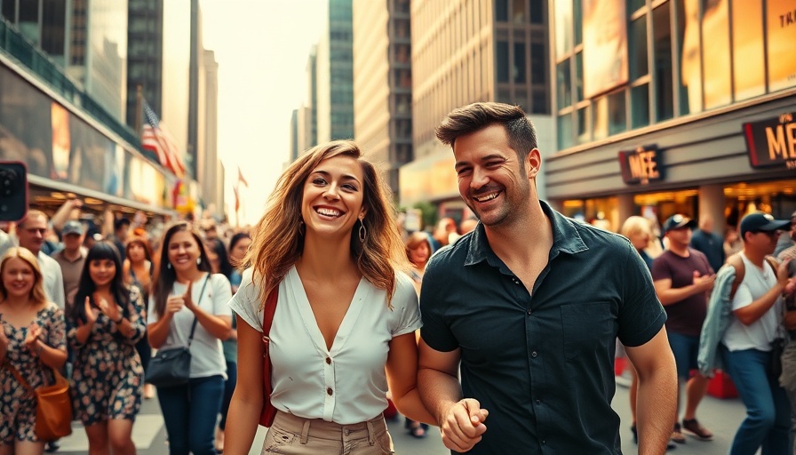 Joyful couple in a vibrant scene, capturing a moment of happiness outdoors.