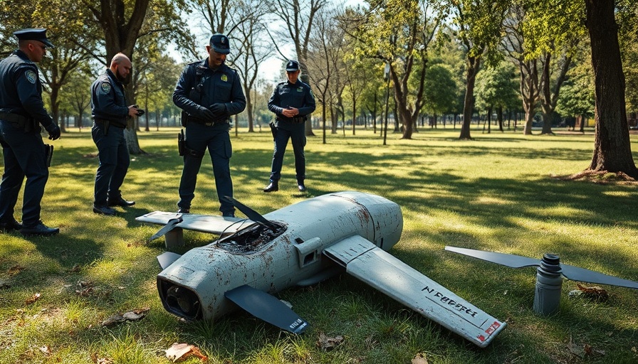 Police inspecting debris from Russian drone strikes in Ukraine.