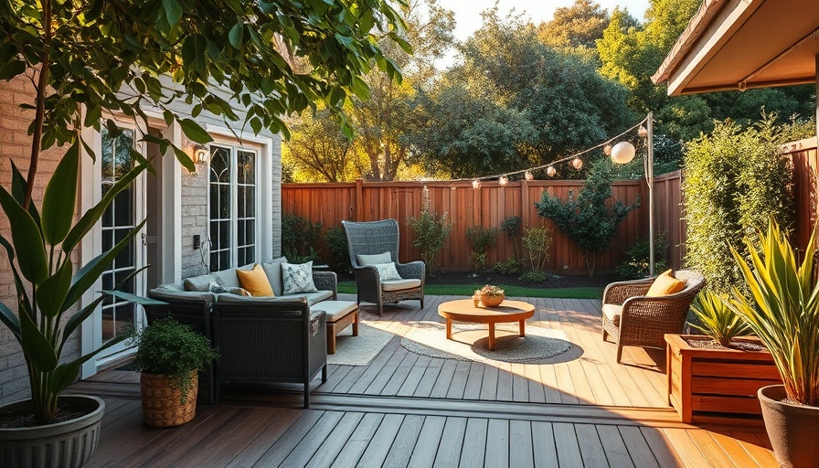 Backyard transformation with modern deck and lush greenery.