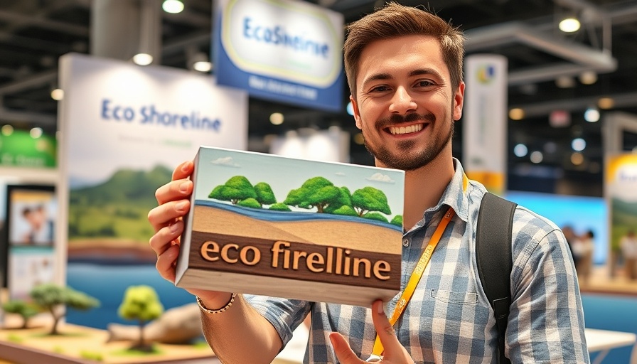 Eco-shoreline project display with man holding green building materials.