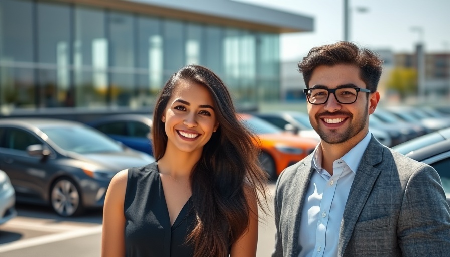 Young professionals in car dealership parking lot, smiling.