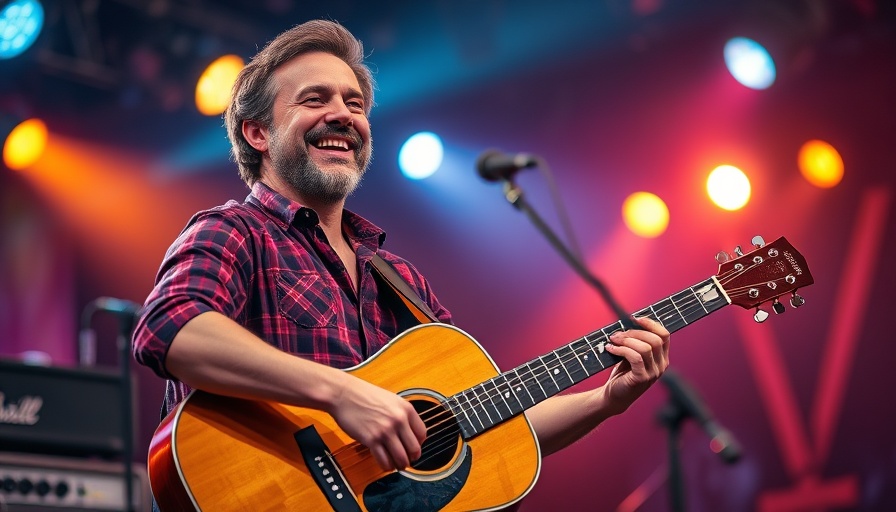 Musician performing live with guitar at a concert.