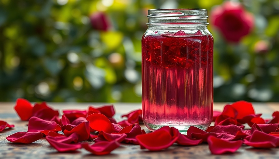 Glass jar of rose water amidst natural setting, highlighting how to make rose water.