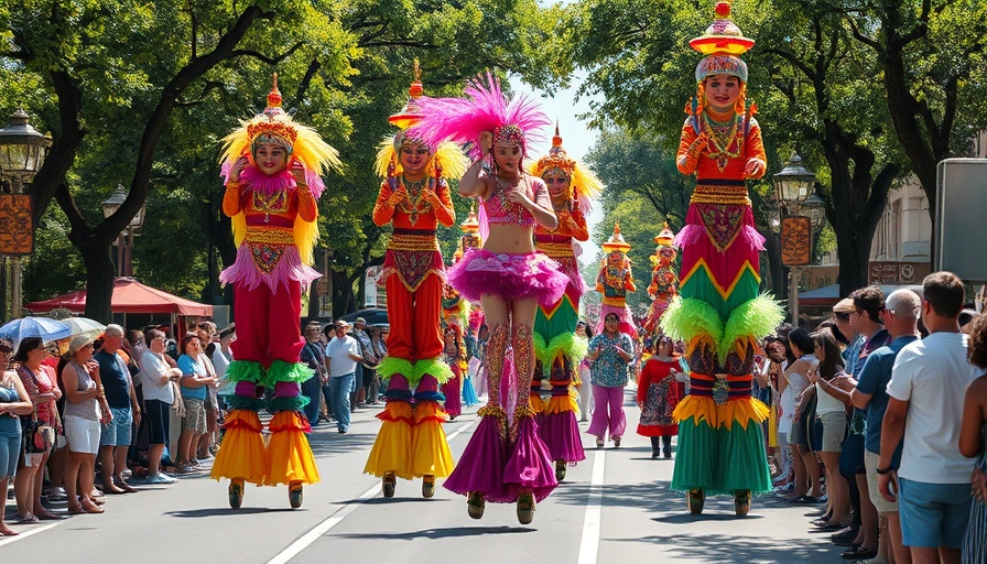 Colorful street parade with performers on stilts at fun events in Marin.