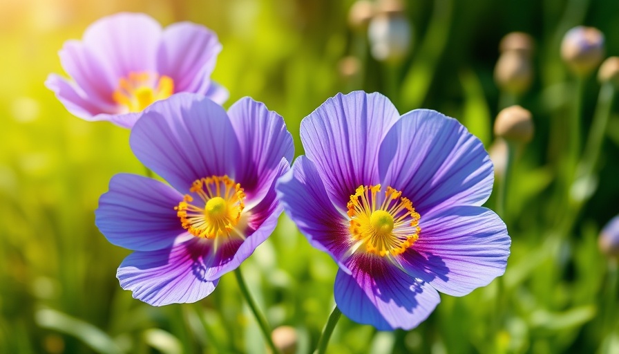 Vibrant Himalayan blue poppies in sunlight, delicate petals.