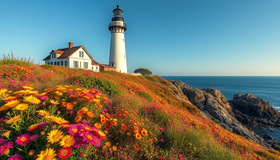 Scenic lighthouse in Maine with colorful wildflowers foreground