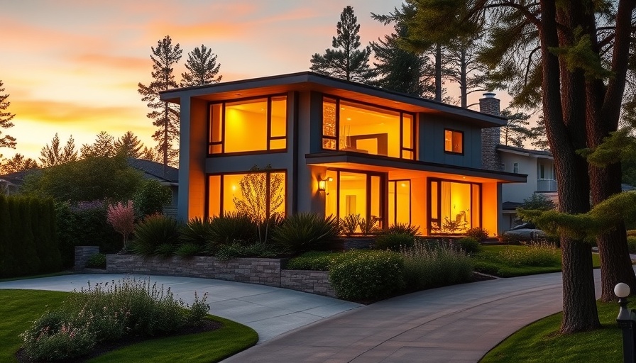 Modern house at sunset surrounded by trees.