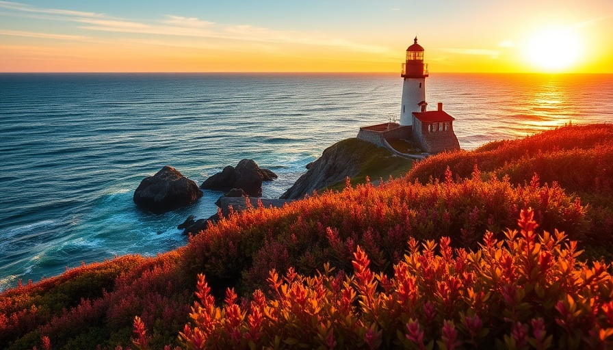 Pros and cons of living in Maine: Scenic lighthouse view at sunset.