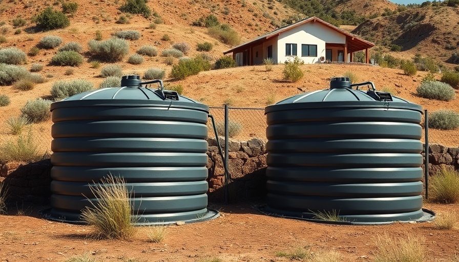 Rainwater harvesting system with large tanks on a rural property.