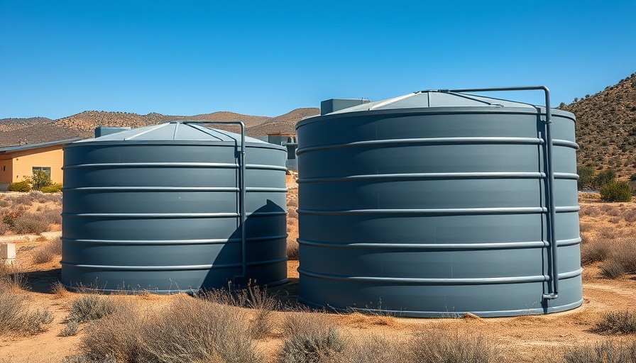 Rainwater harvesting tanks near a modern home in a rural setting.