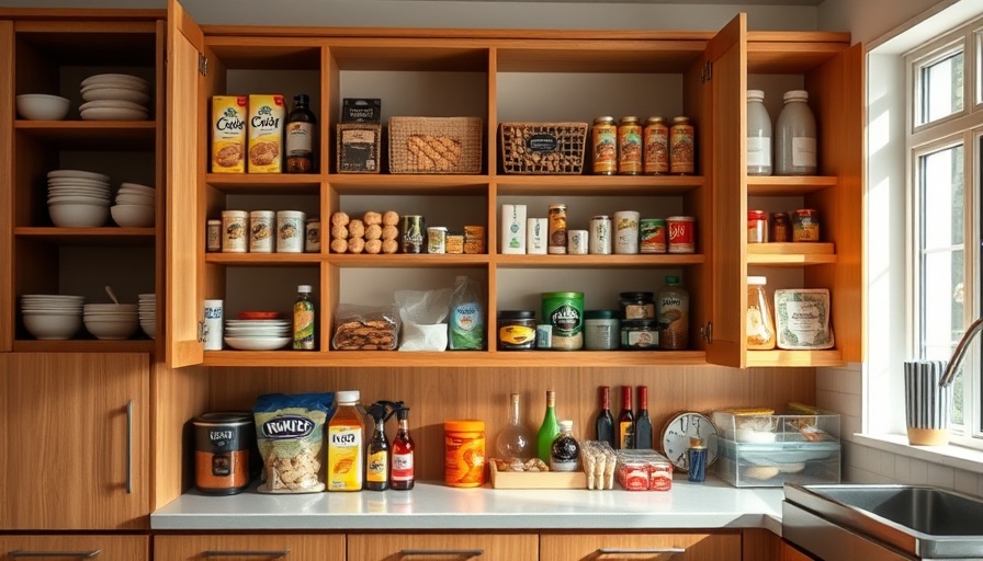 Organized kitchen cabinets with pull-out shelves and pantry items.