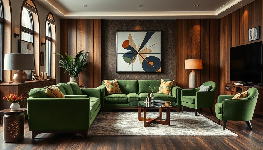 Art Deco interior design with green seating and abstract art.