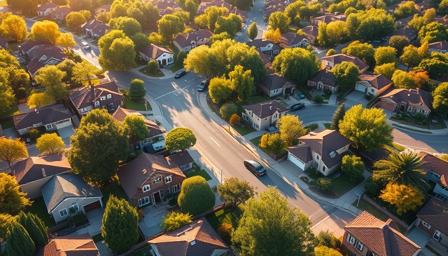 Aerial view of homes for sale in a lush suburban neighborhood.