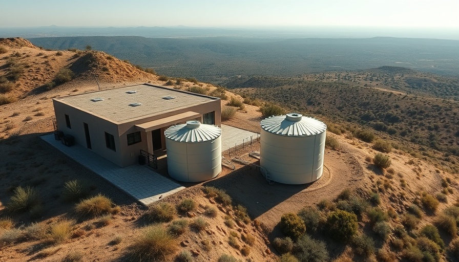 Rainwater harvesting setup with tanks on hillside property illustrating benefits.