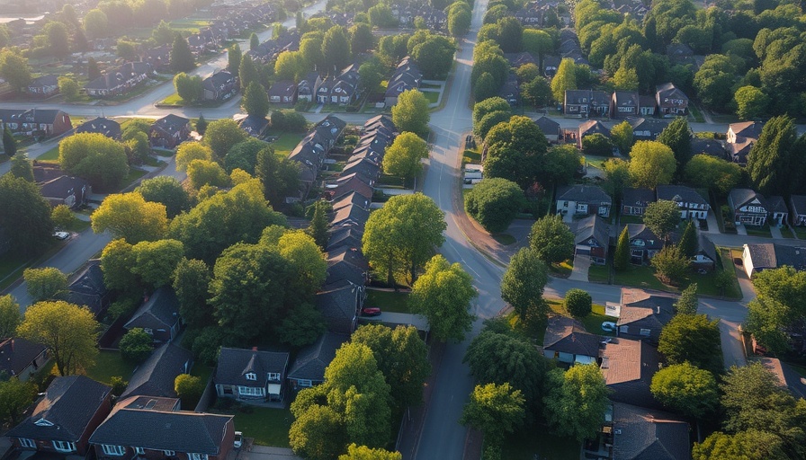 Aerial view of suburban neighborhood illustrating housing market.