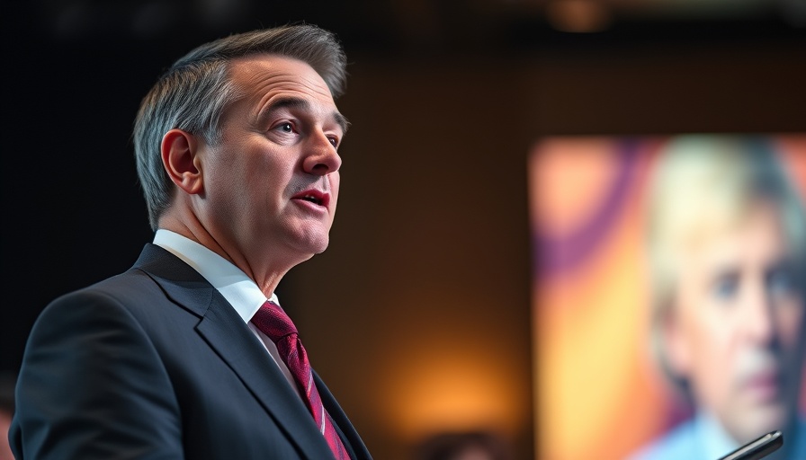 Professional man speaking at an event, dark background.