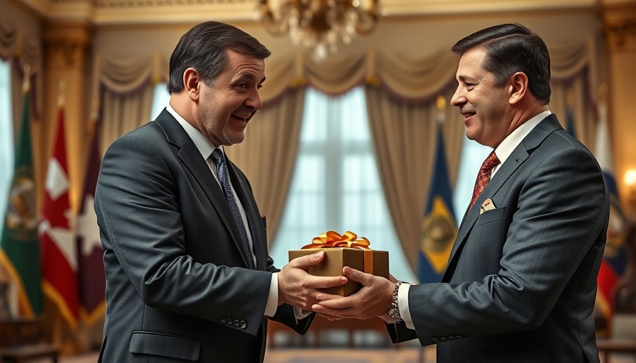 Two men exchanging a gift in a formal setting, highlighting tech industry trends.