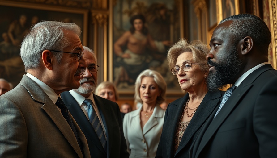 Prominent figures in meeting with historical decor, 'Trump Musk feud Tesla impact on markets'.