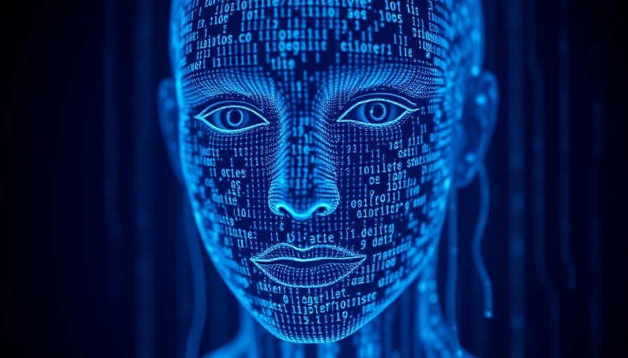 Futuristic AI face with floating code, dark blue background.