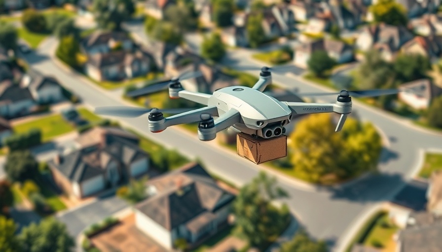 Walmart Wing drone delivering package in suburban area.