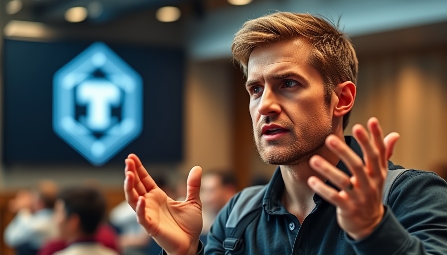 Young man discussing AI search engine growth with hand gestures.