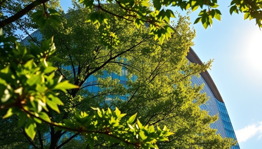 Modern Amazon building enveloped by greenery and sunlight.