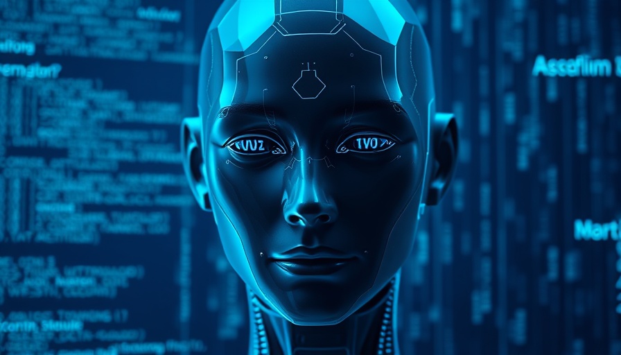 Digital humanoid head with code, representing innovation in AI.