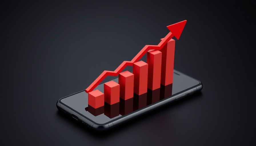 3D financial chart illustrating growth with rising bars on smartphone.