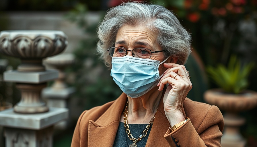 Stylish older woman in blue jacket adjusting face mask outdoors.