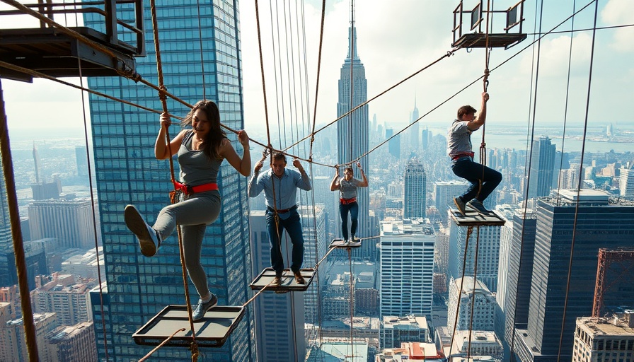 Urban ropes course with people and skyscrapers in the background, related to Asian Carbon Border Adjustment Mechanism.
