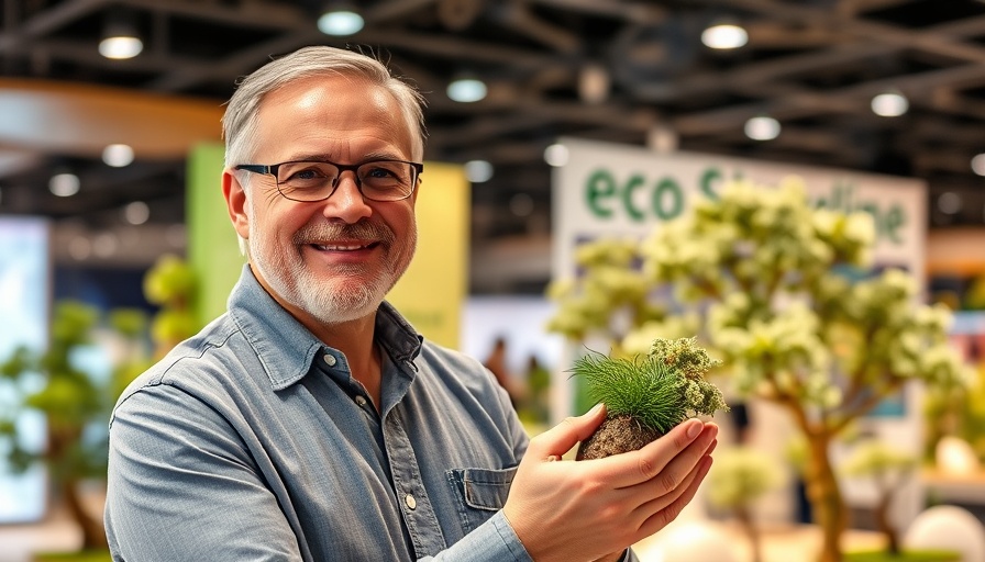Middle-aged man showcasing eco-material at sustainable Eco-Shoreline display.