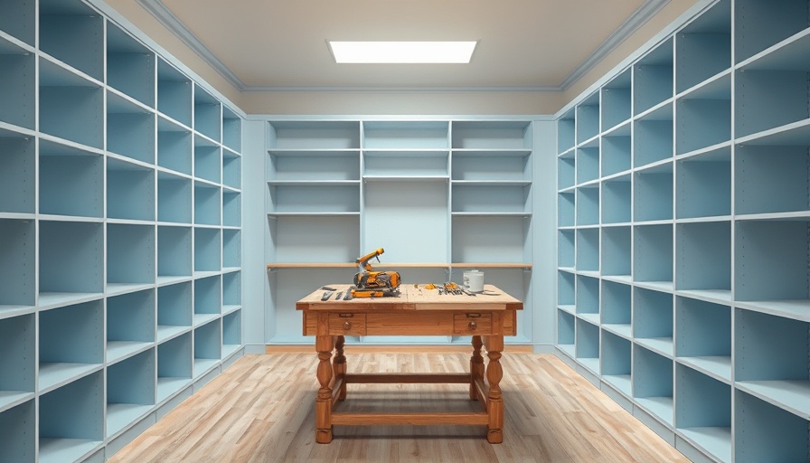 Spacious walk-in closet with light blue shelves, renovation scene.