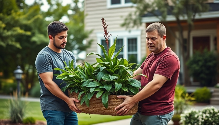 Men working on a modern front yard makeover, carrying a large plant.