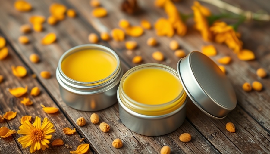 Calendula lip balm tins on rustic wood with petals and beeswax.