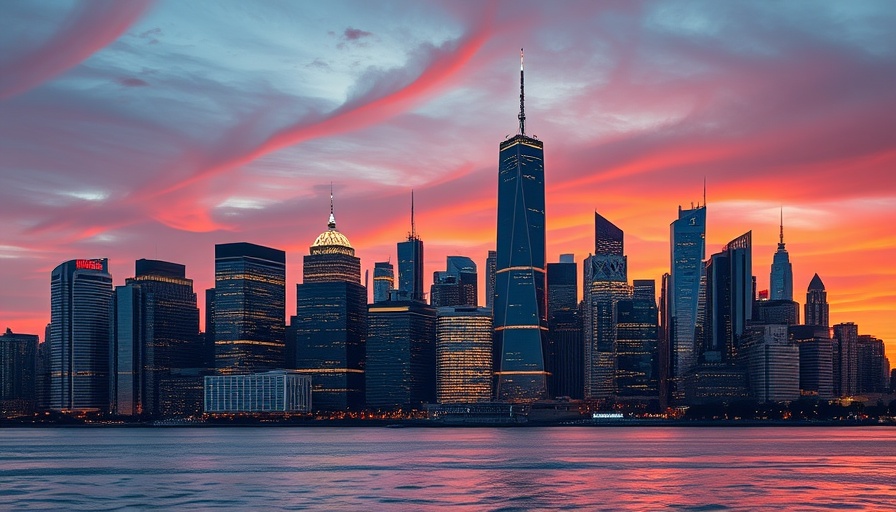 New Jersey skyline at sunset with illuminated skyscrapers reflecting on water.