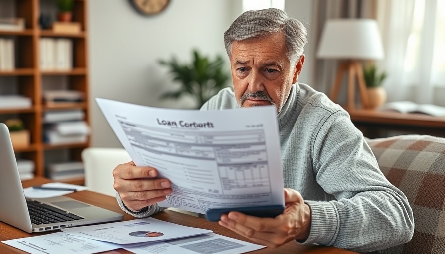 Worried person reviewing loan documents in home office, focus on debt consolidation loan scams.