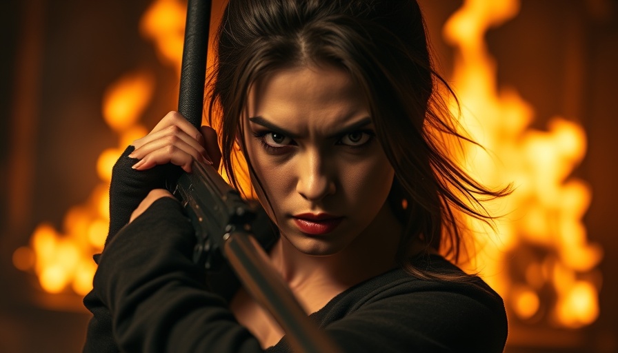 Intense female character with weapon in dramatic scene, Film Reviews and Critiques.