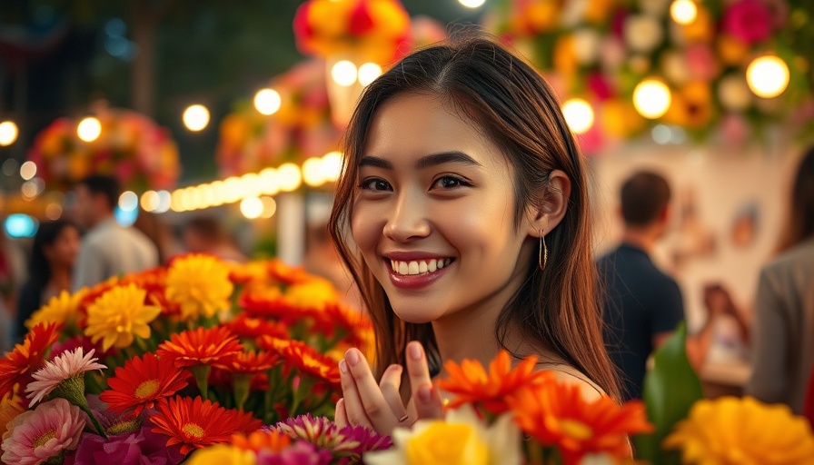 Vibrant young woman smiling at night event surrounded by flowers.
